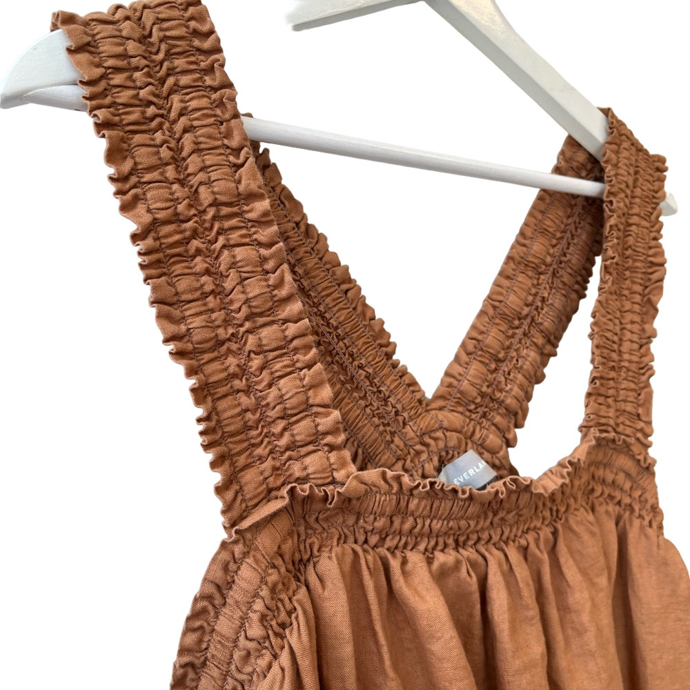 Everlane The Smocked Linen Mini Dress Rust Light Brown Sleeveless Relaxed Fit XL - Picture 8 of 11